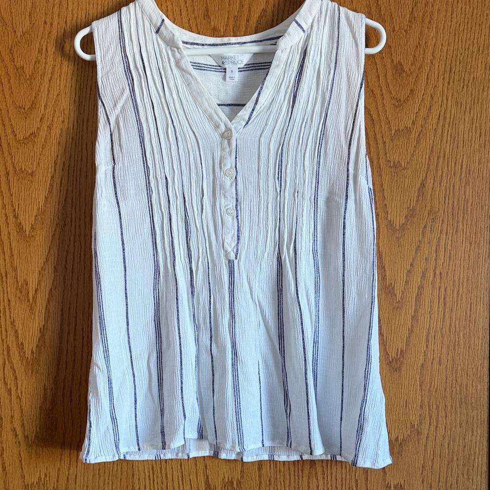 Market & Spruce White Sleeveless Pintuck Top Navy Stripes Blouse